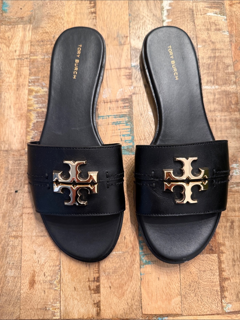 Tory Burch Everly Slides Black Leather Logo Sandals - Gold Emblem NEW